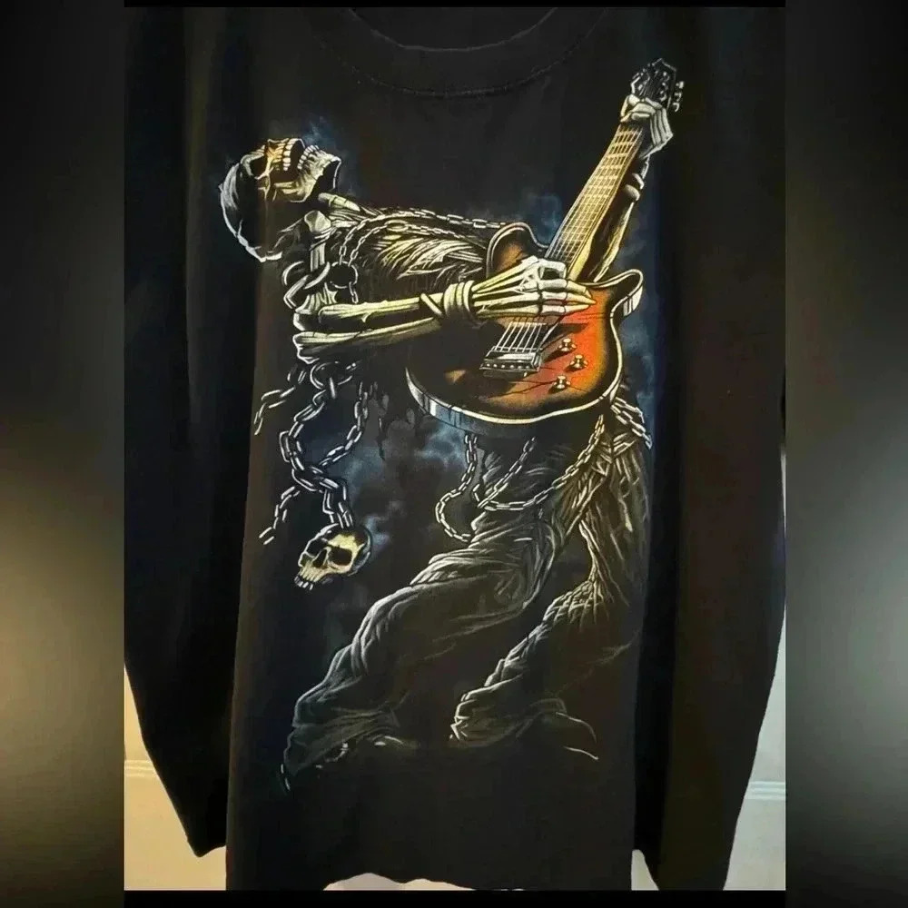VTG Y2K Gothic Skeleton Playing Guitar Black Tshirt XL Unisex 100% Cotton Anvil - Picture 2 of 10